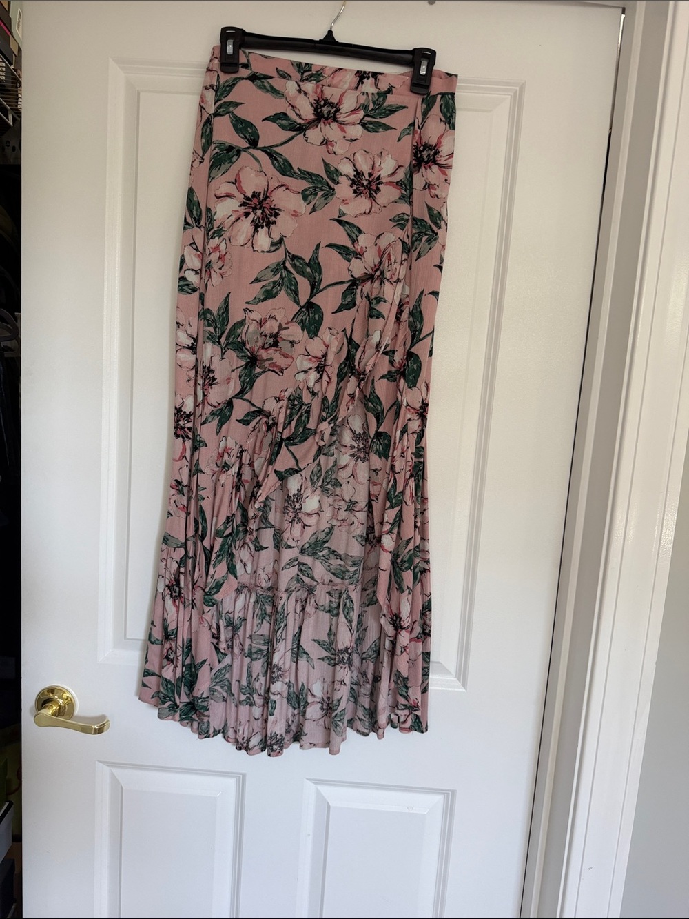 Jack by BB Dakota Pink Floral Maxi Skirt with Green Leaves